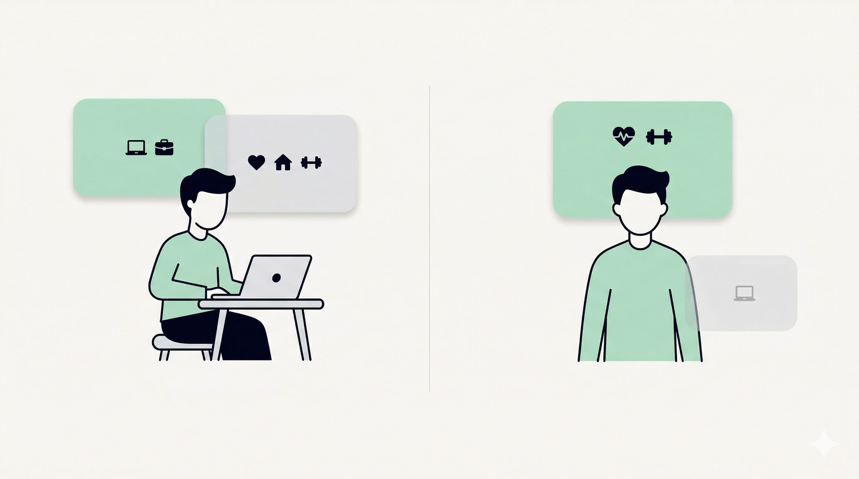 Split-screen illustration showing the work-life balance trap: divided attention between career and personal life versus intentional imbalance with clear priorities