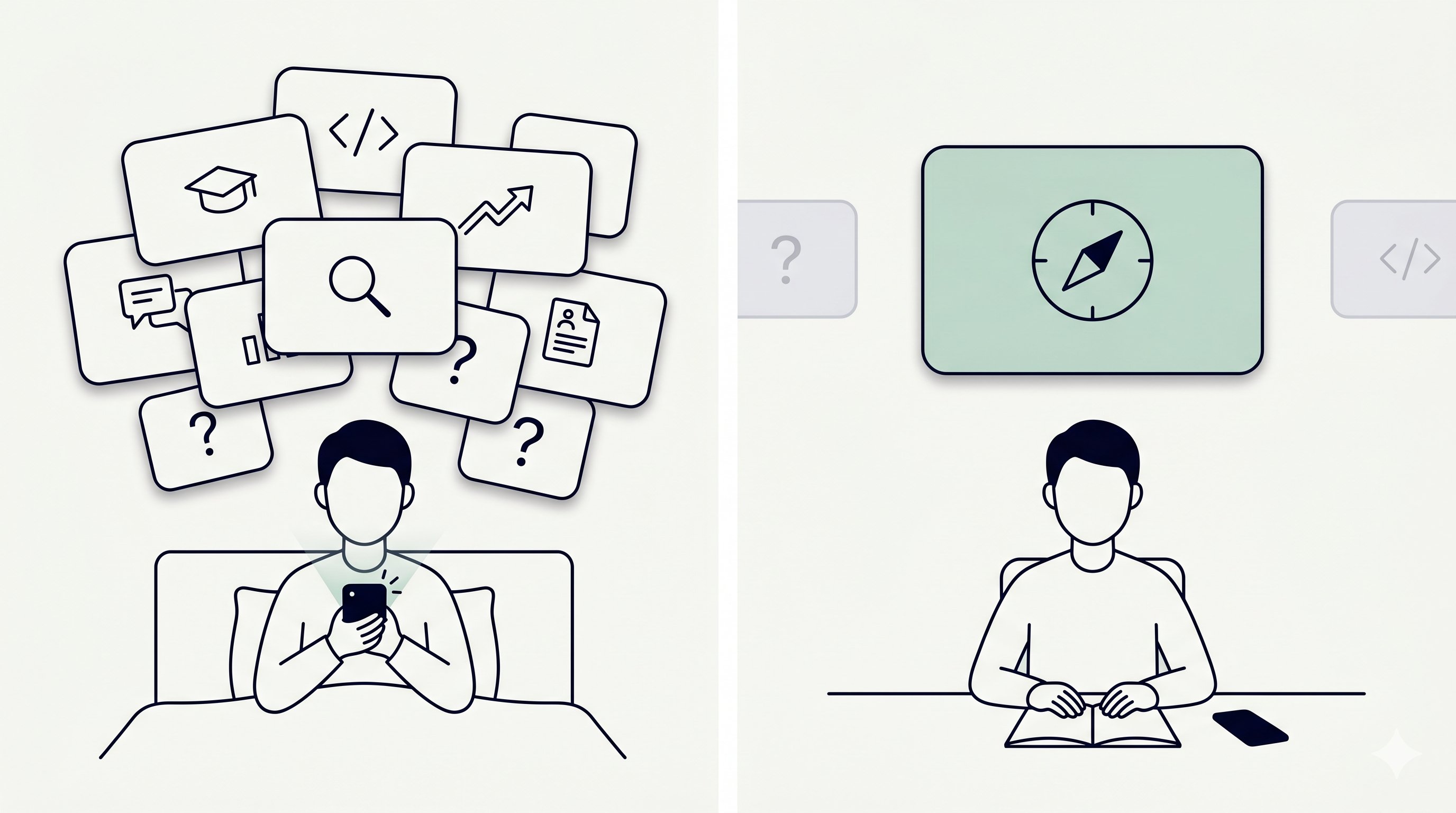 The scroll spiral vs. clarity: left side shows overwhelm with multiple open tabs and questions, right side shows focused decision-making with a compass pointing forward